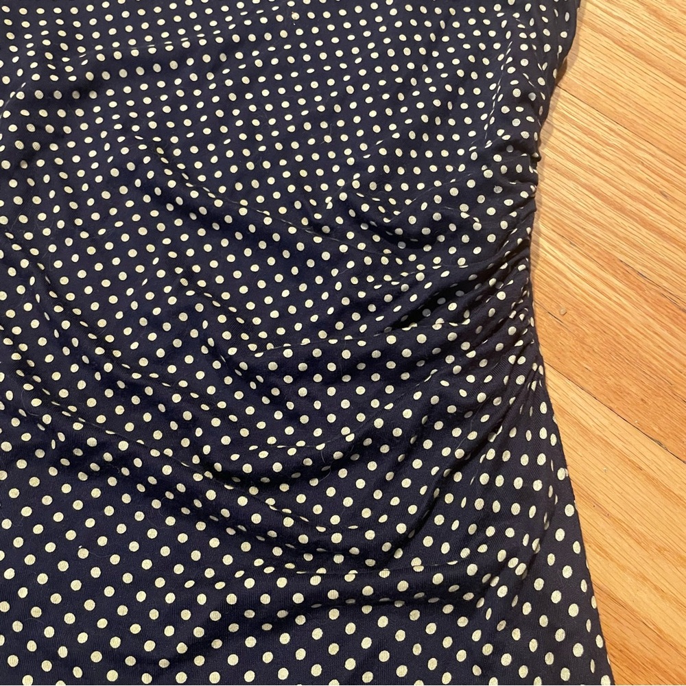 2FOR$30 Loft Navy Polkadot Stretchy Fitted Pencil Dress With Ruching - Picture 4 of 7